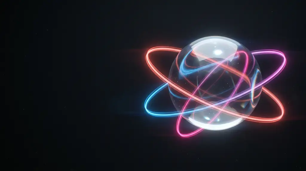 Sphère de verre entourée d'orbites de lumière aux couleurs Nexus